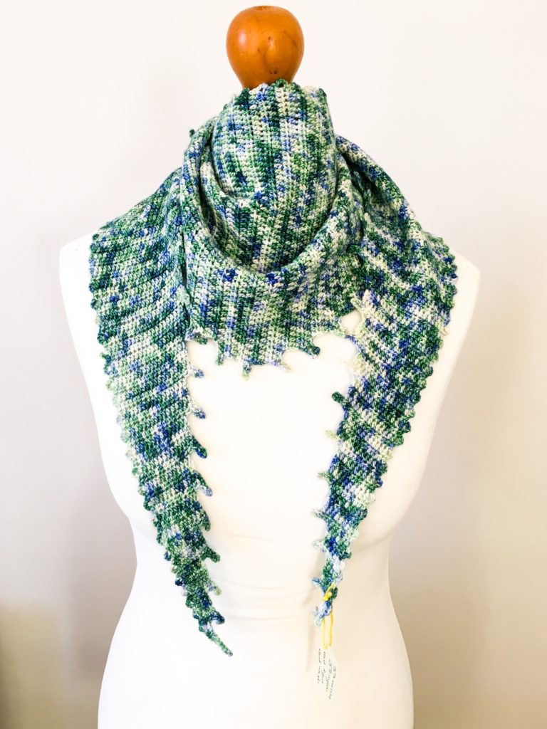 Merino 4 ply variegated scarf, green crocheted scarf, hand dyed yarn