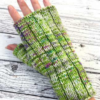 Knitted green merino fingerless gloves