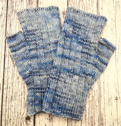 Knitted Laguna blue merino fingerless gloves