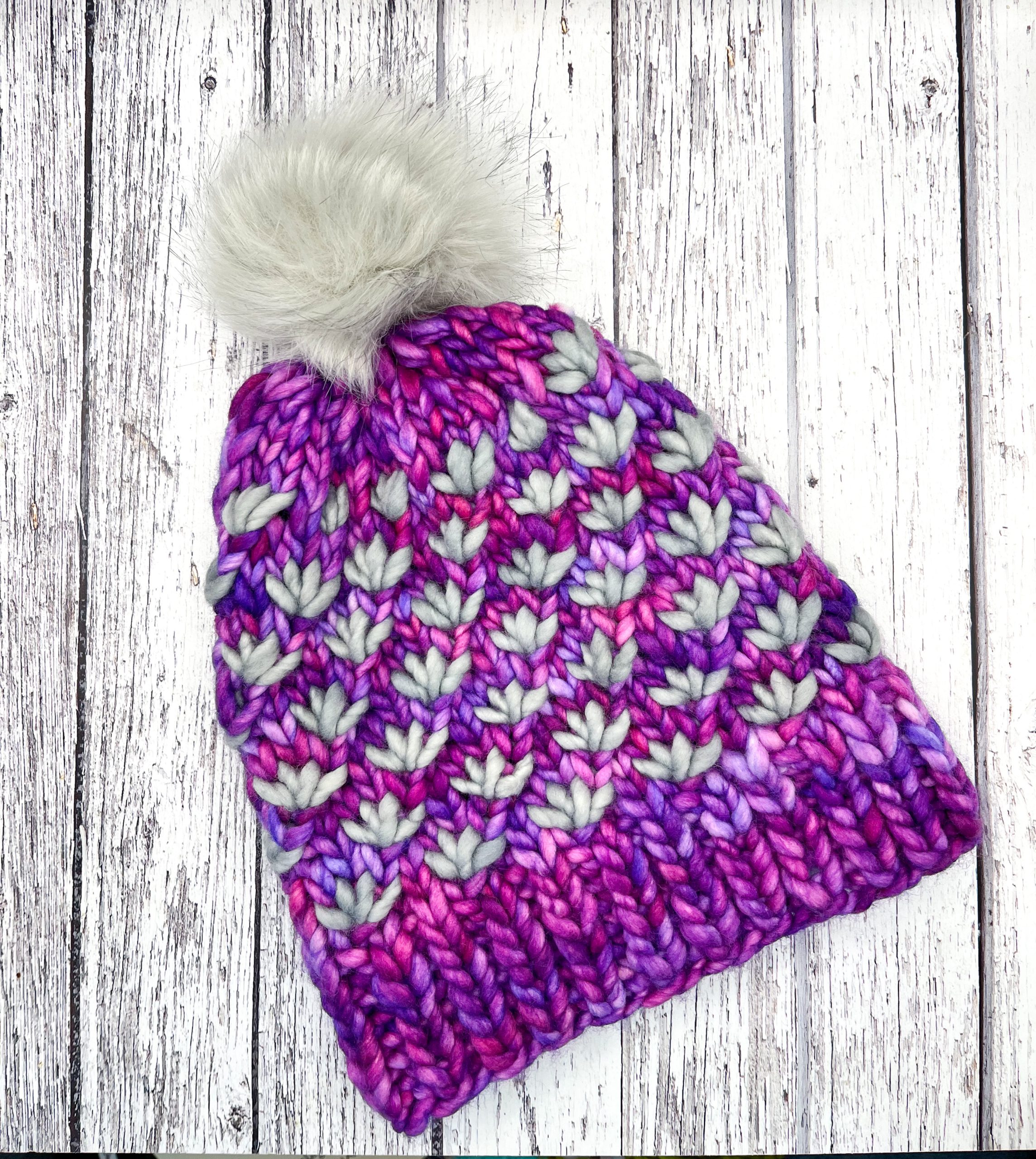 Super chunky Merino knitted hat Magenta and Grey