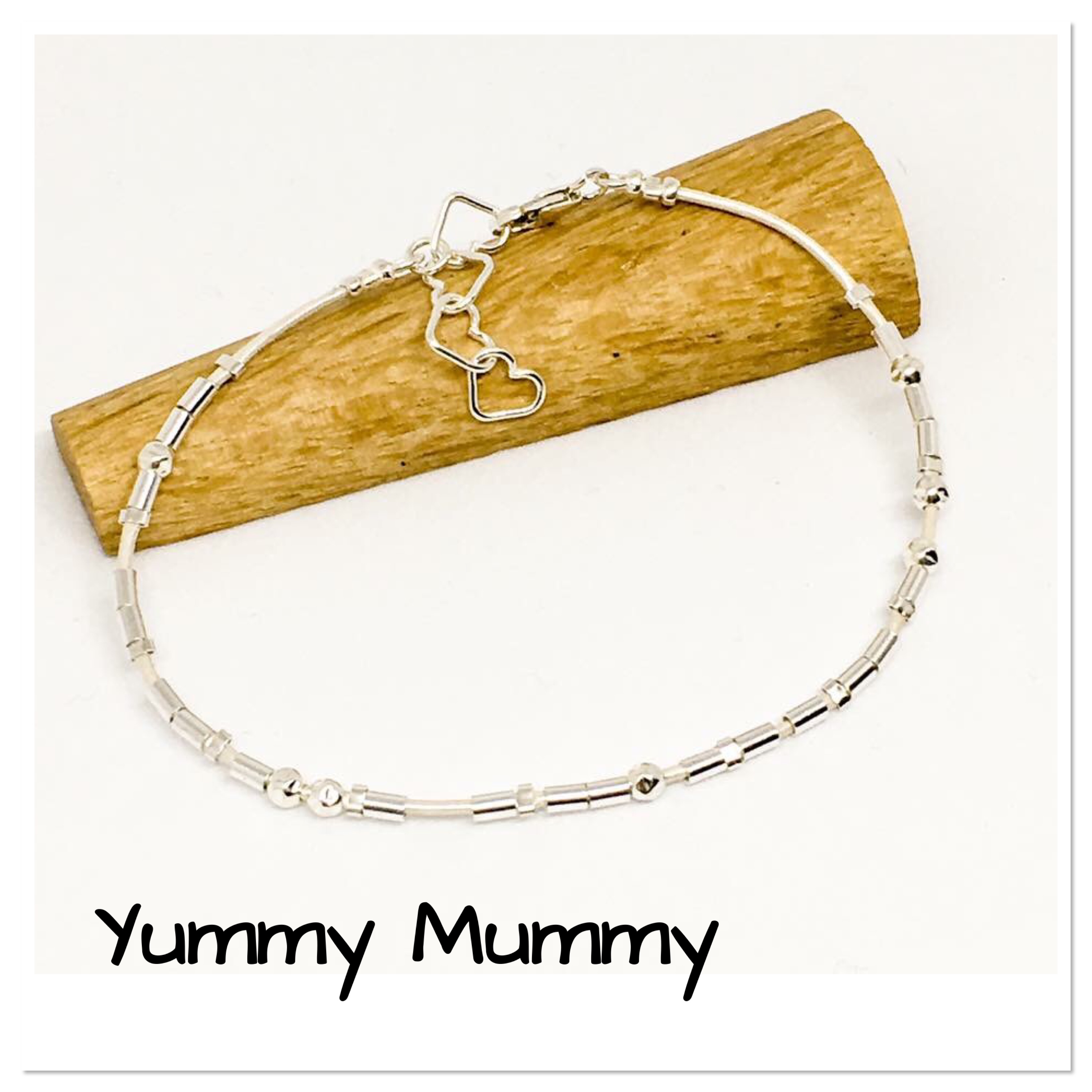 Morse code bracelet, Yummy Mummy, sterling silver and leather