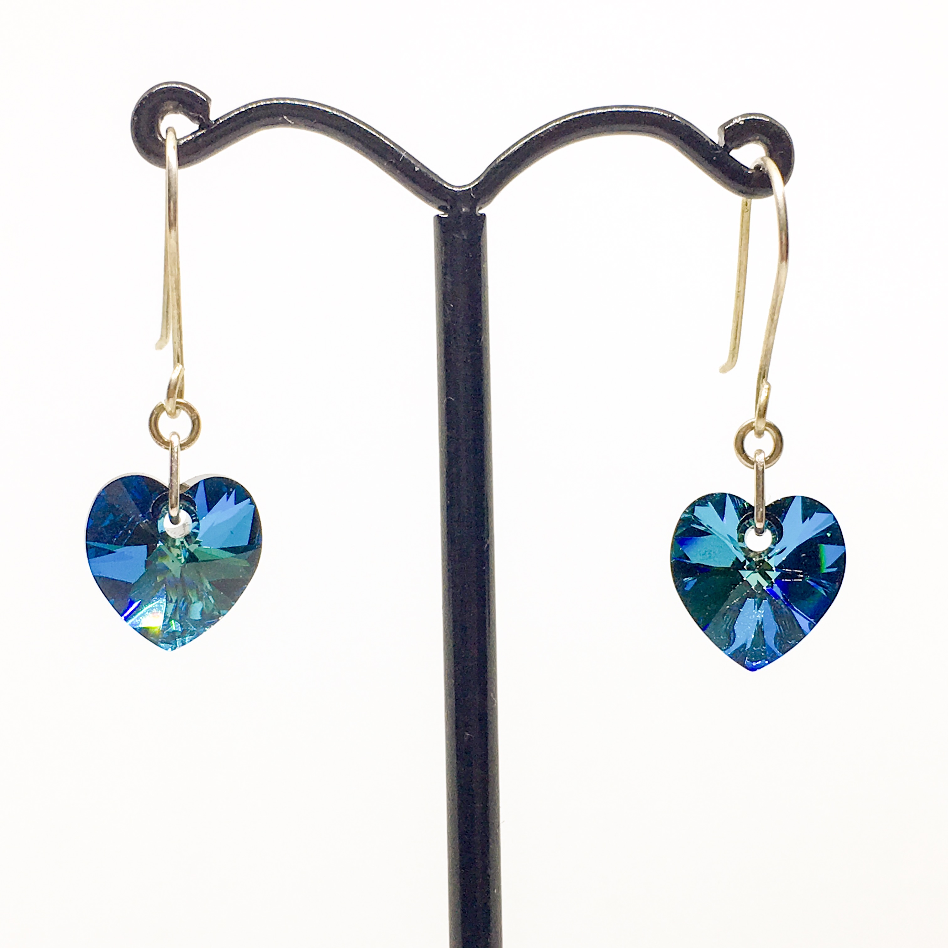 Swarovski heart earrings, Bermuda Blue, sterling silver wires