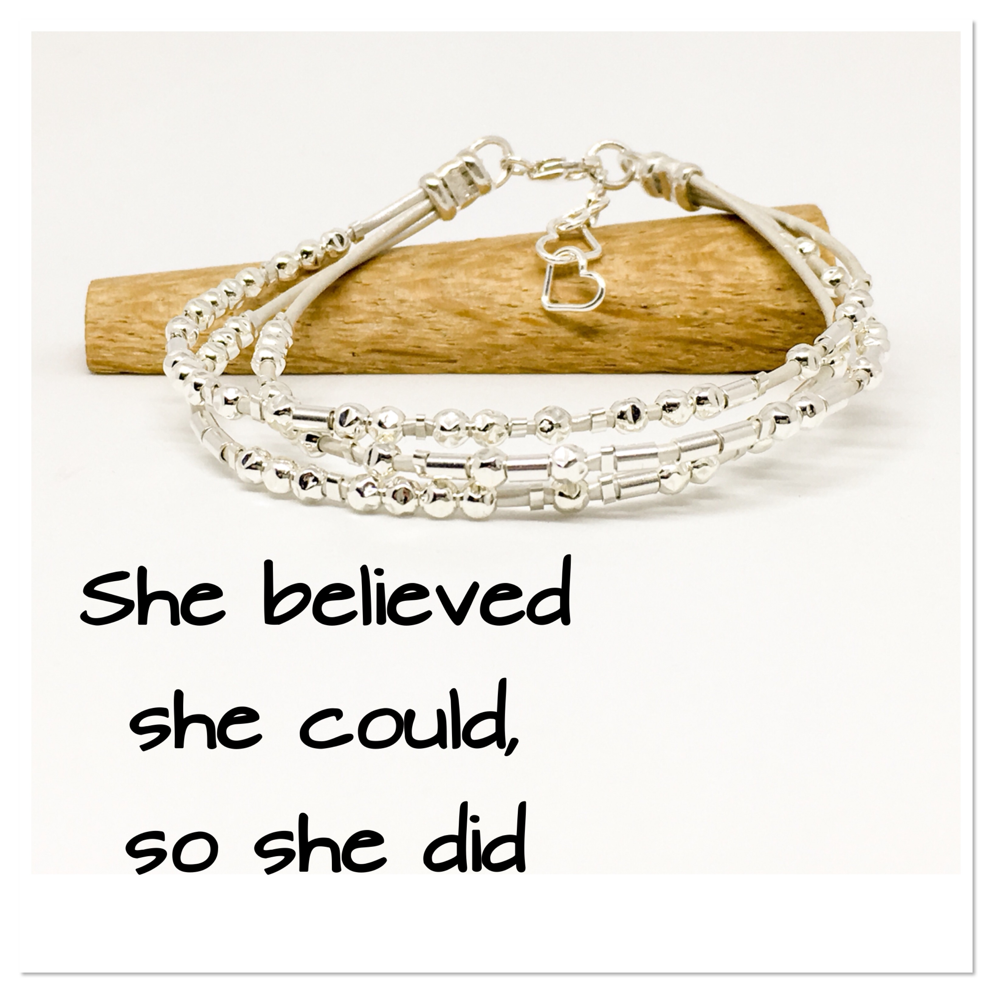 Morse code bracelet, "She believed she could, so she did"