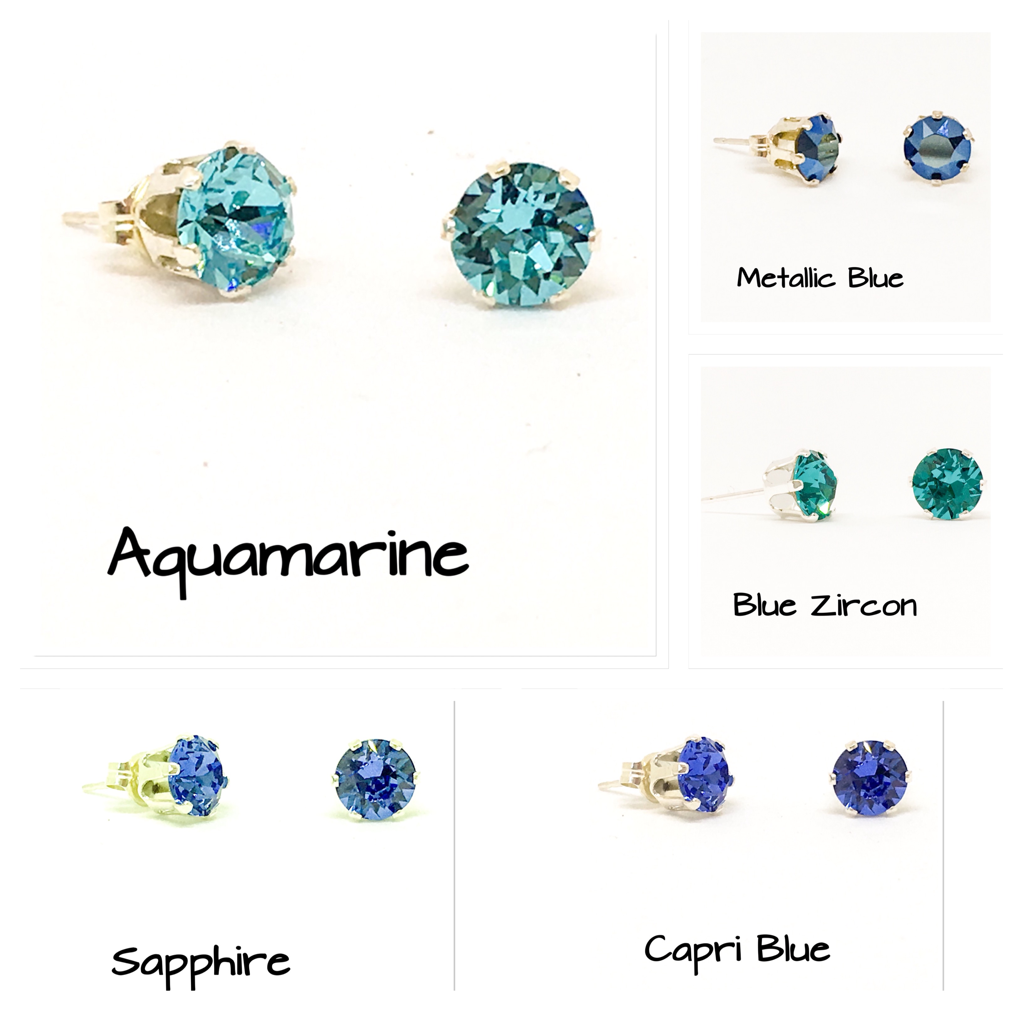 Swarovski stud earrings, 6mm stones, sterling silver stud earrings - Blues