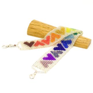 Rainbow heart woven bracelet, seed beads and sterling silver, Boho bracelet