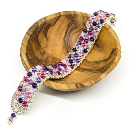 Purple Swarovski beaded bracelet, Swarovski encrusted, sterling silver clasp, purple and pink bead mix