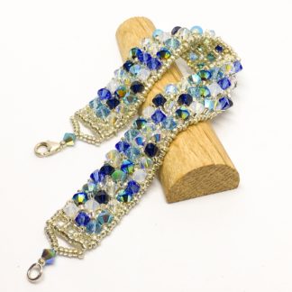 Blue tones woven Swarovski bracelet, sterling silver clasp, statement bracelet