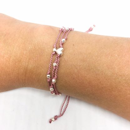 Dusky pink silk slider bracelet, sterling silver beads