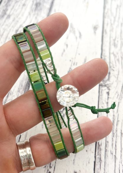 Leather wrap surfer style bracelet Greens - Image 3