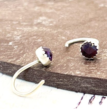 Sterling silver 4mm Amethyst pull through hoop earrings - Image 3